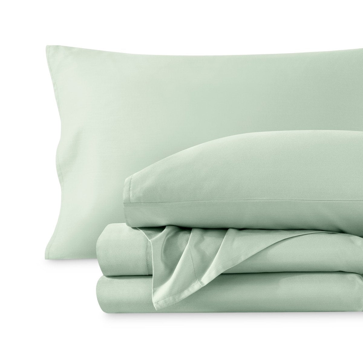 A sateen sheet set folded and stacked on a white background.