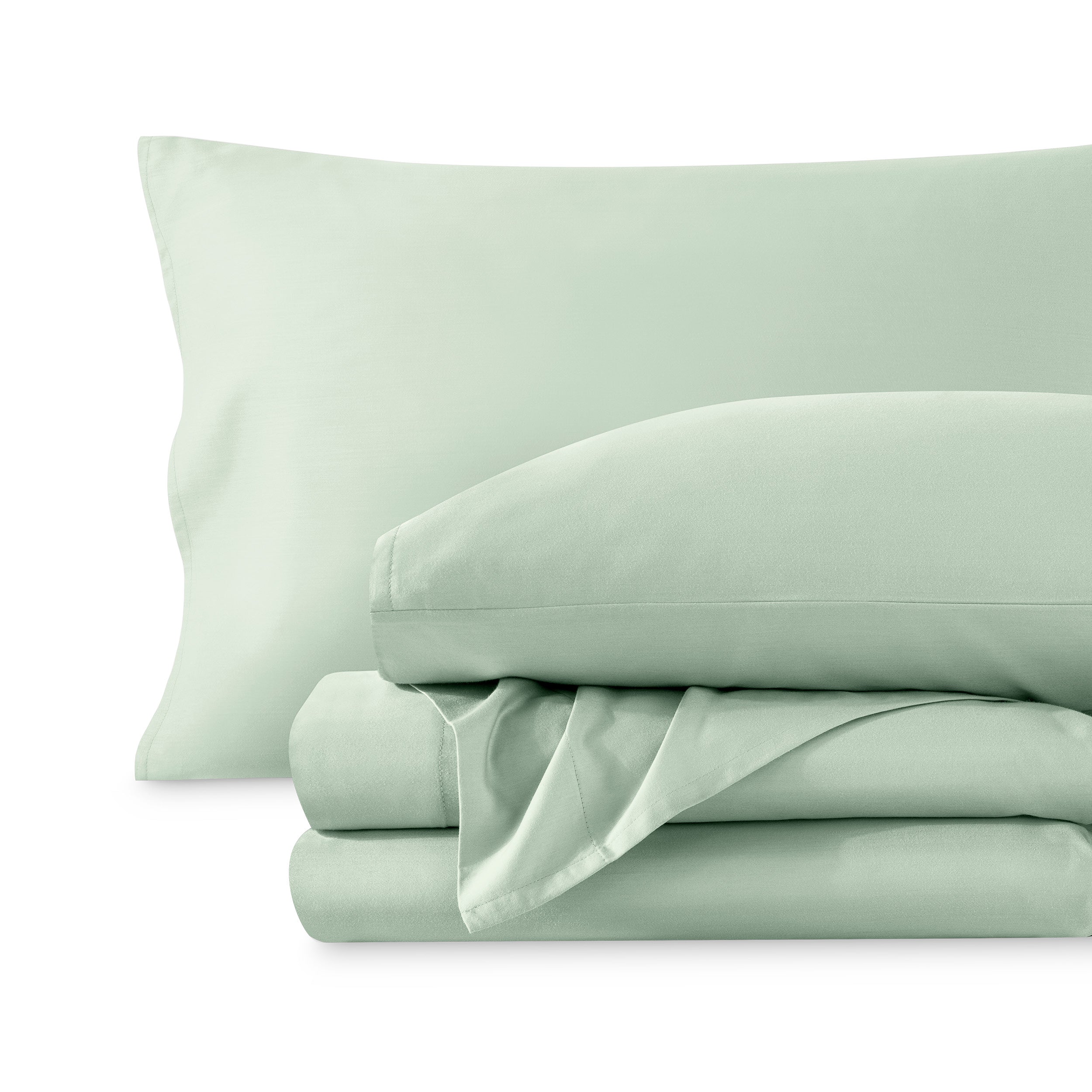A sateen sheet set folded and stacked on a white background.