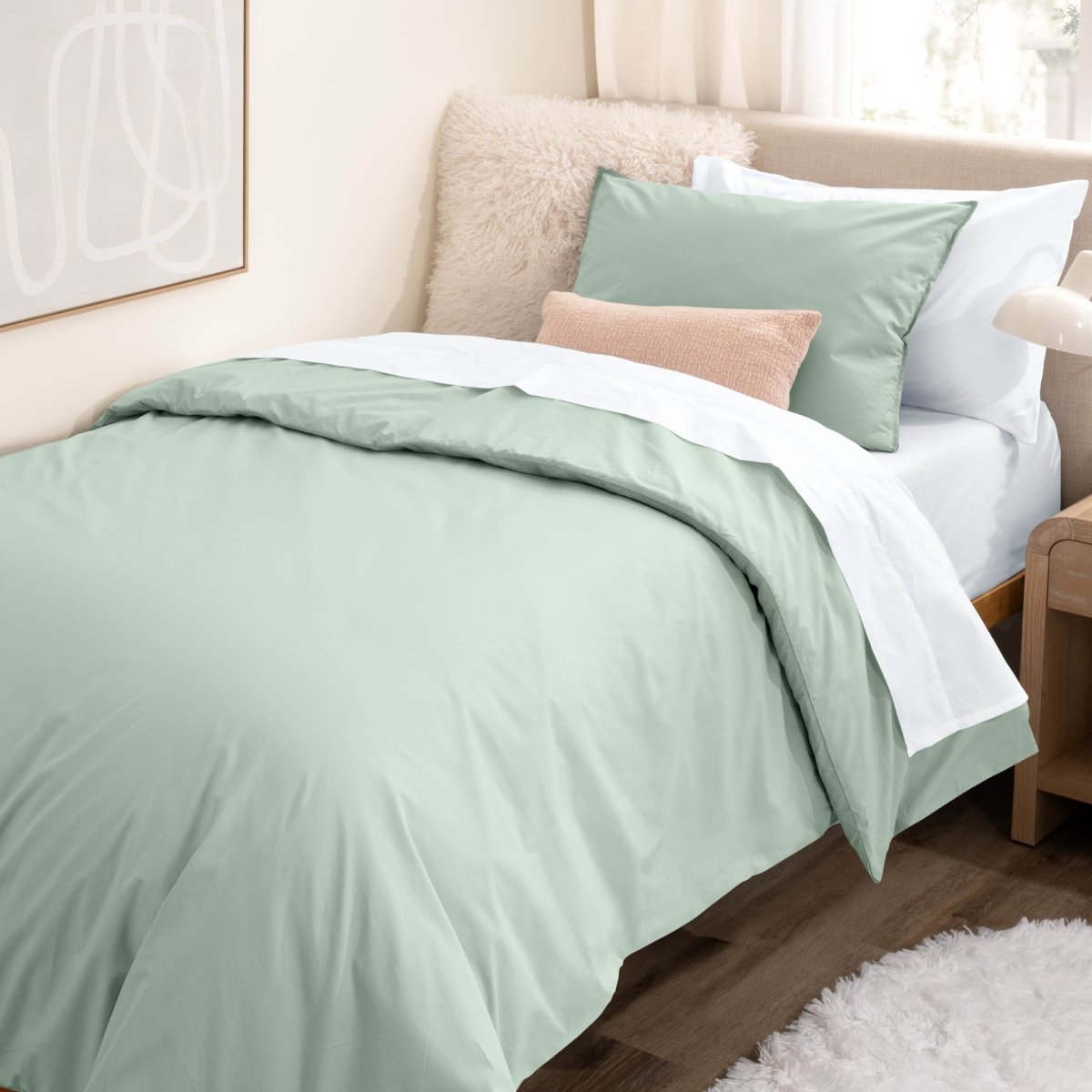 College dorm room with percale bedding