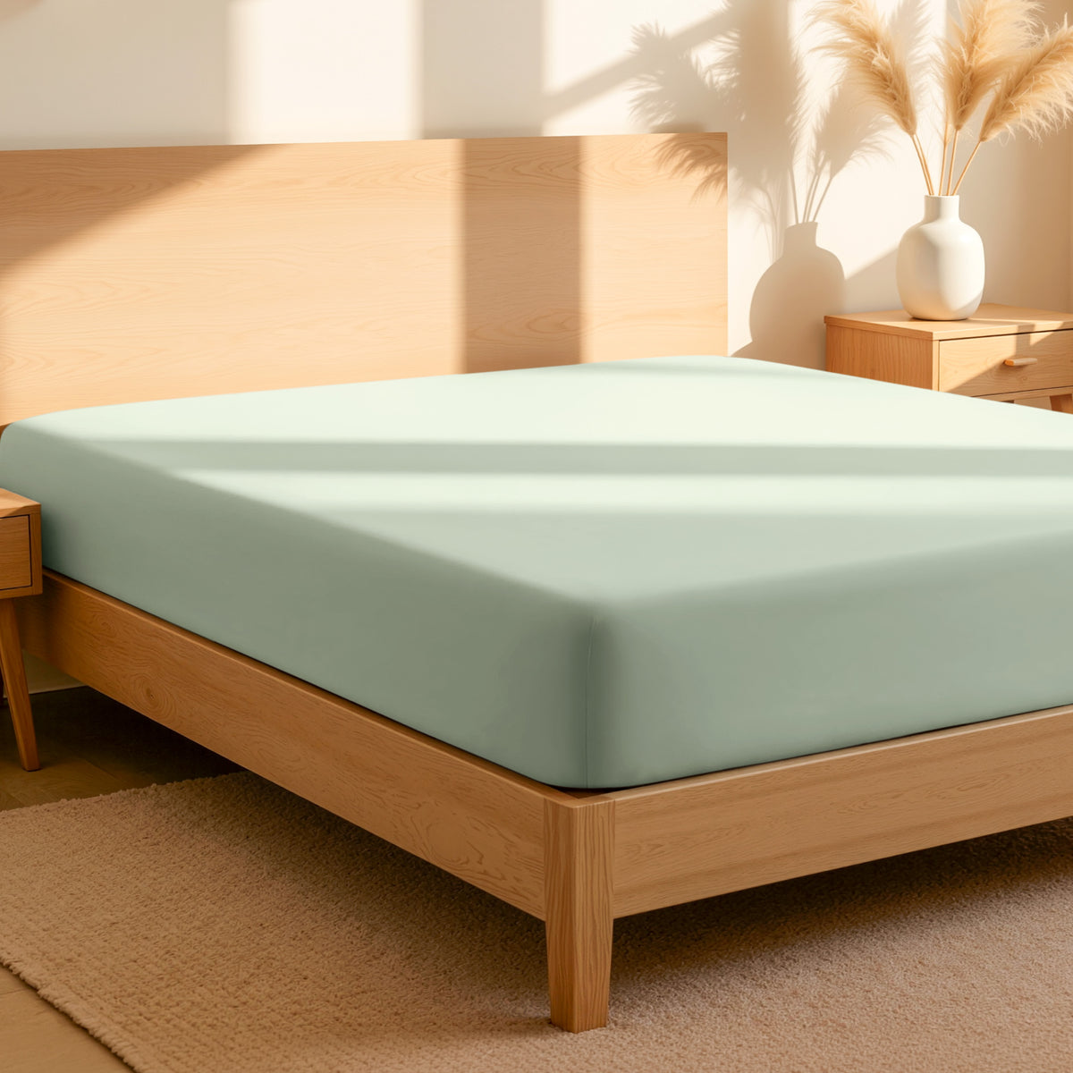 Fitted sheet on a bed in a bedroom setting with a lamp and plant.