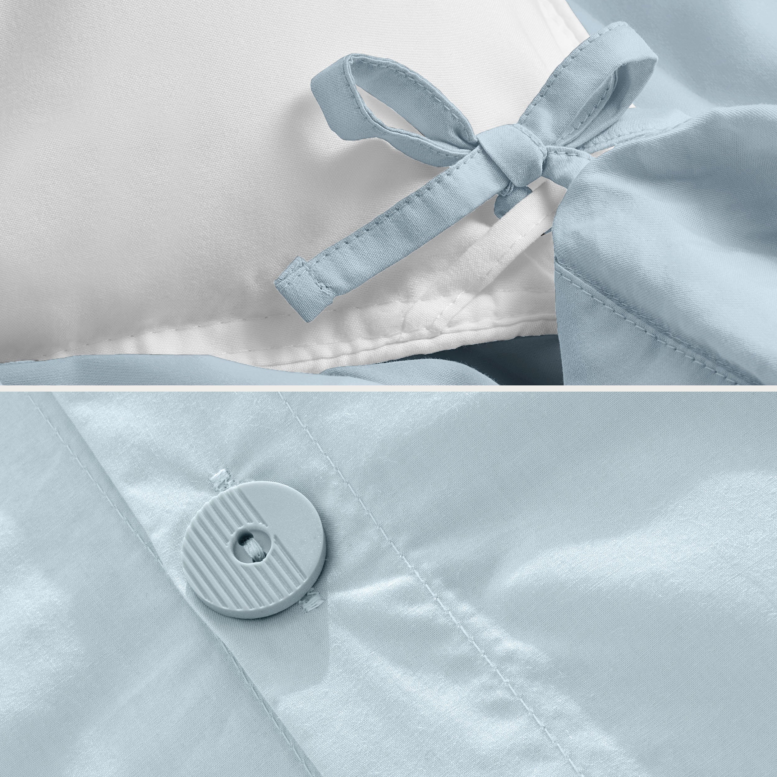 Close-up of the corner ties and button on the percale duvet cover