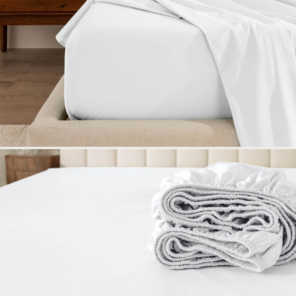 White fitted sheet on a bed with a close-up of folded white sheet below