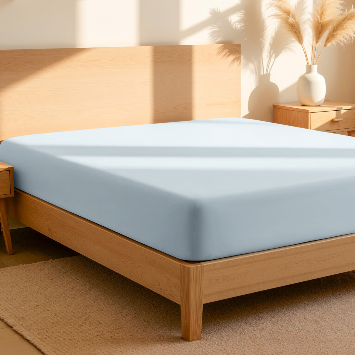 Fitted sheet on a bed in a bedroom setting with a lamp and plant.