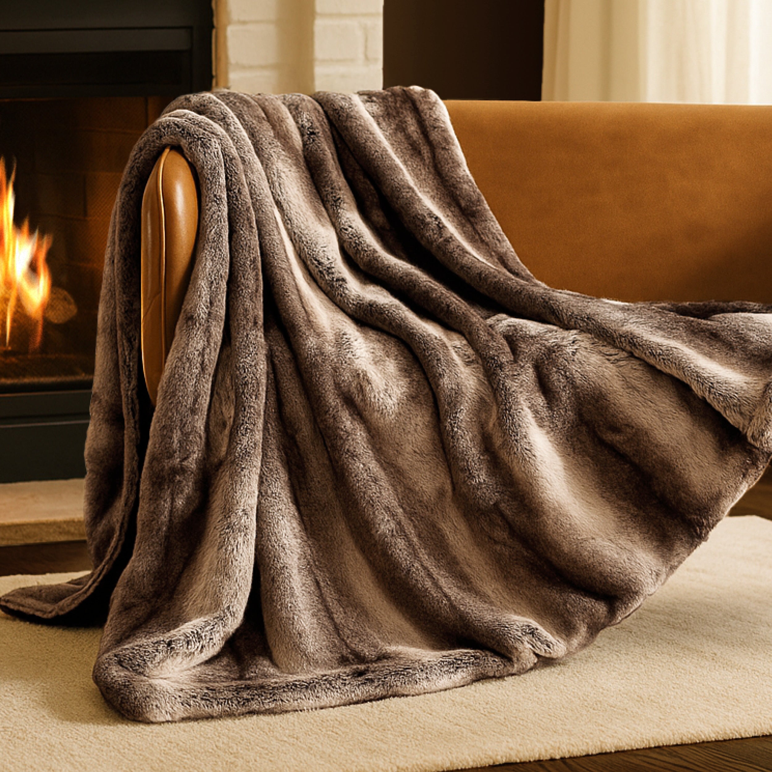 Blanket draped over a chair in front of a fireplace