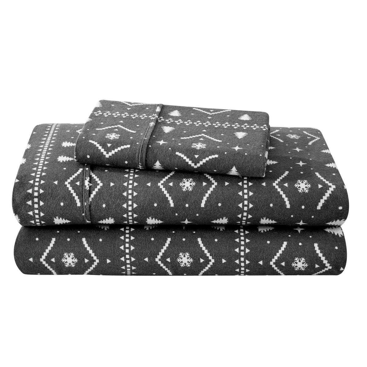 Flannel sheets and pillowcases folded and stacked