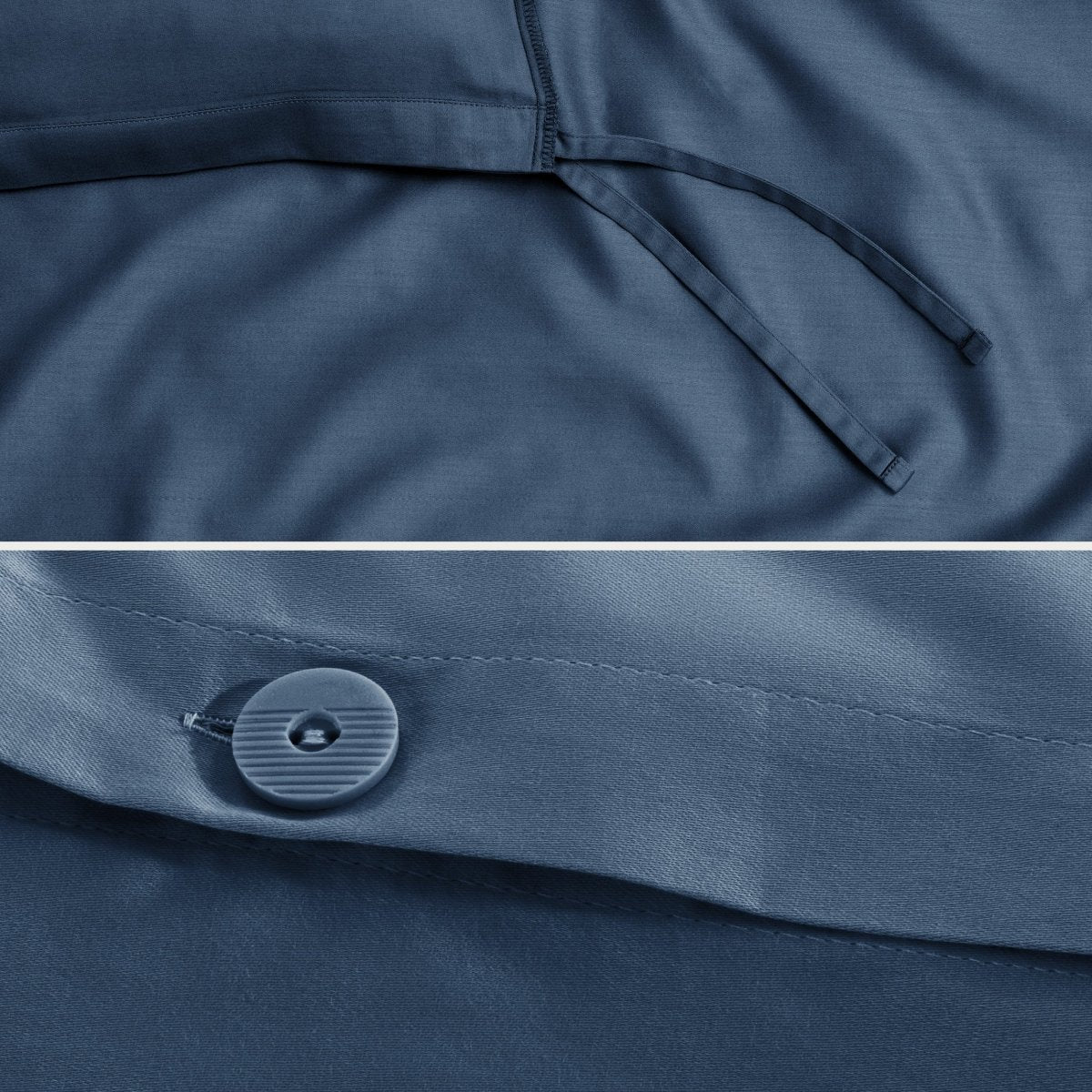 Close-up of a sateen duvet cover with a button and ties