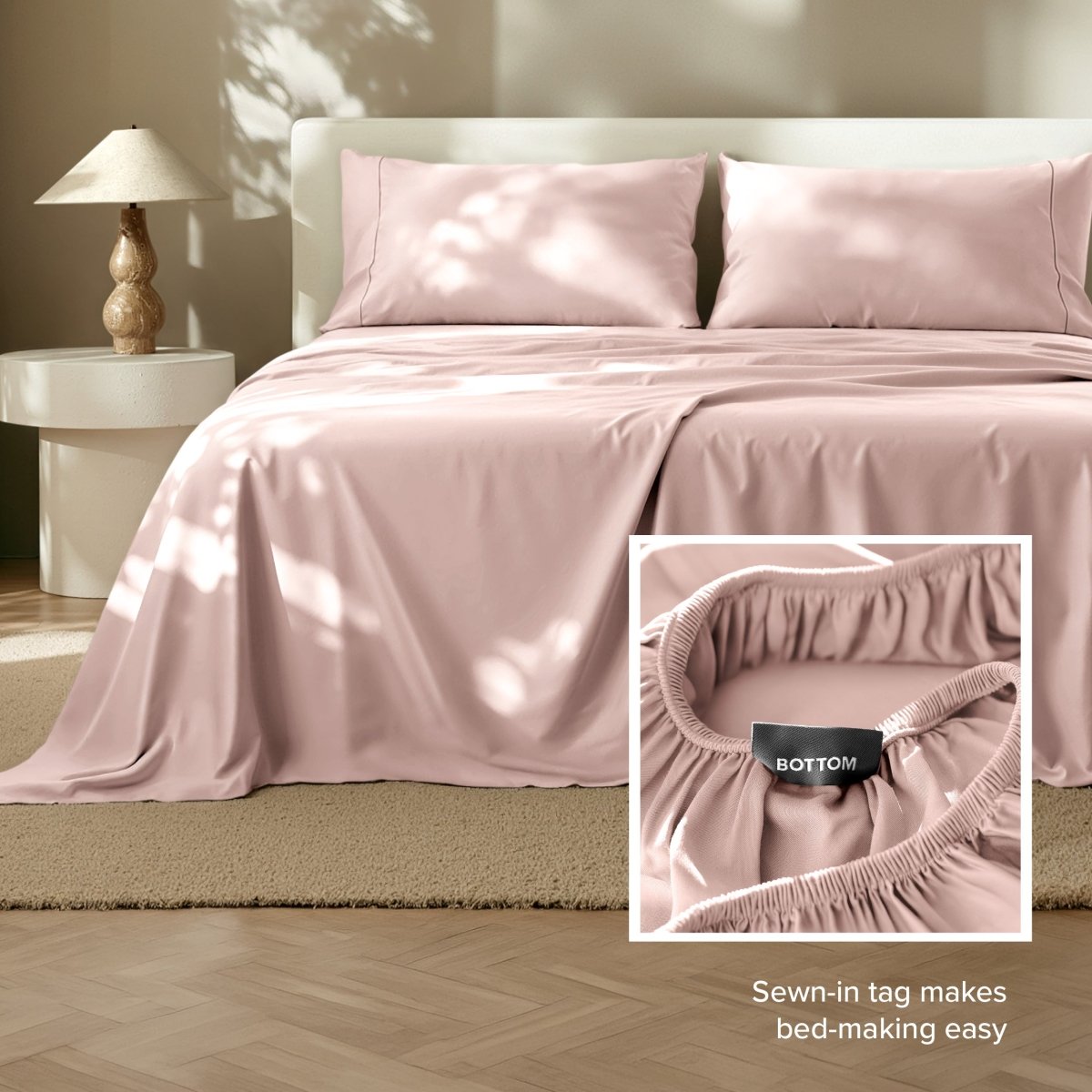 Sheets on a bed with a close-up of the fitted sheet showing a sewn-in tag.
