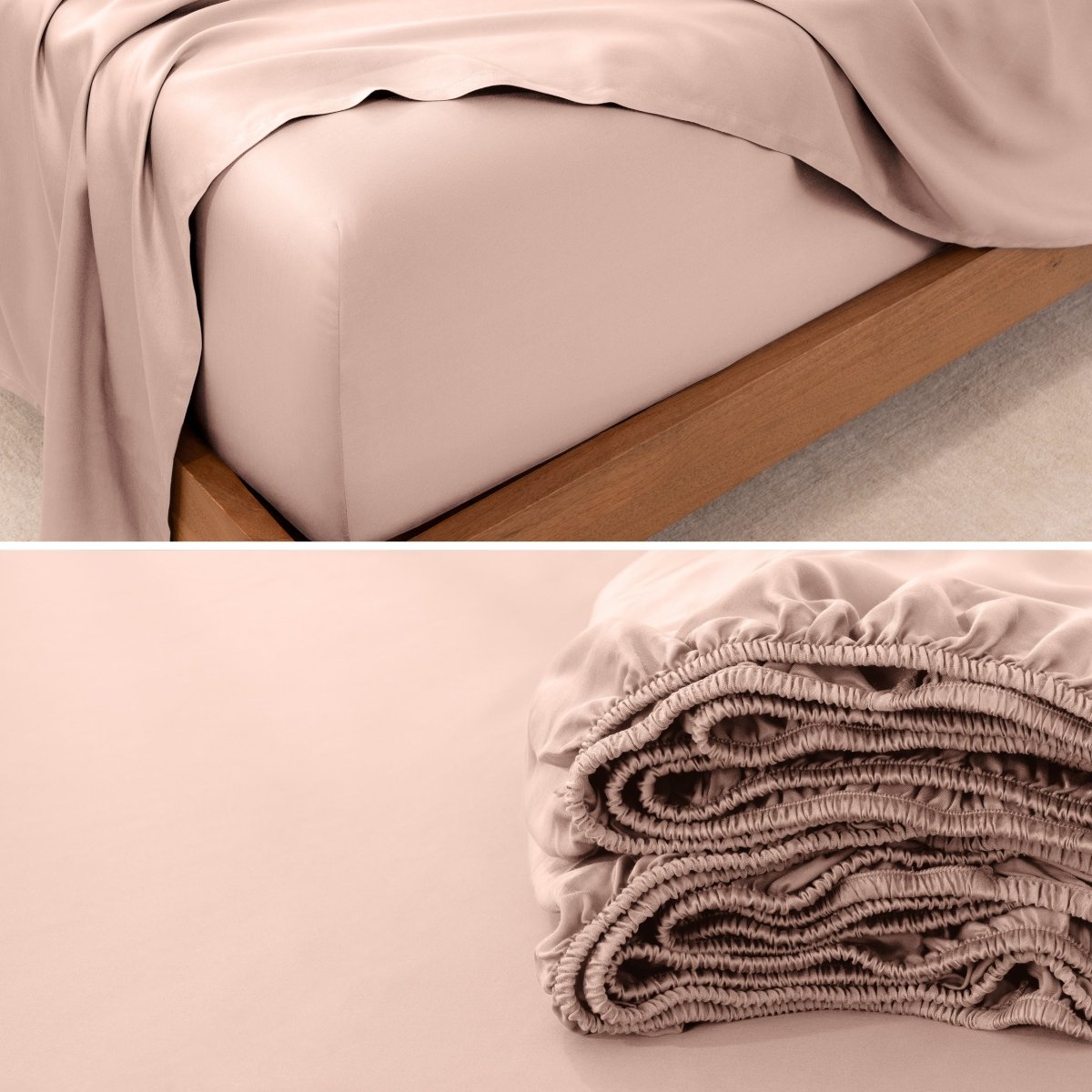 Fitted sheet on a bed and folded on a surface