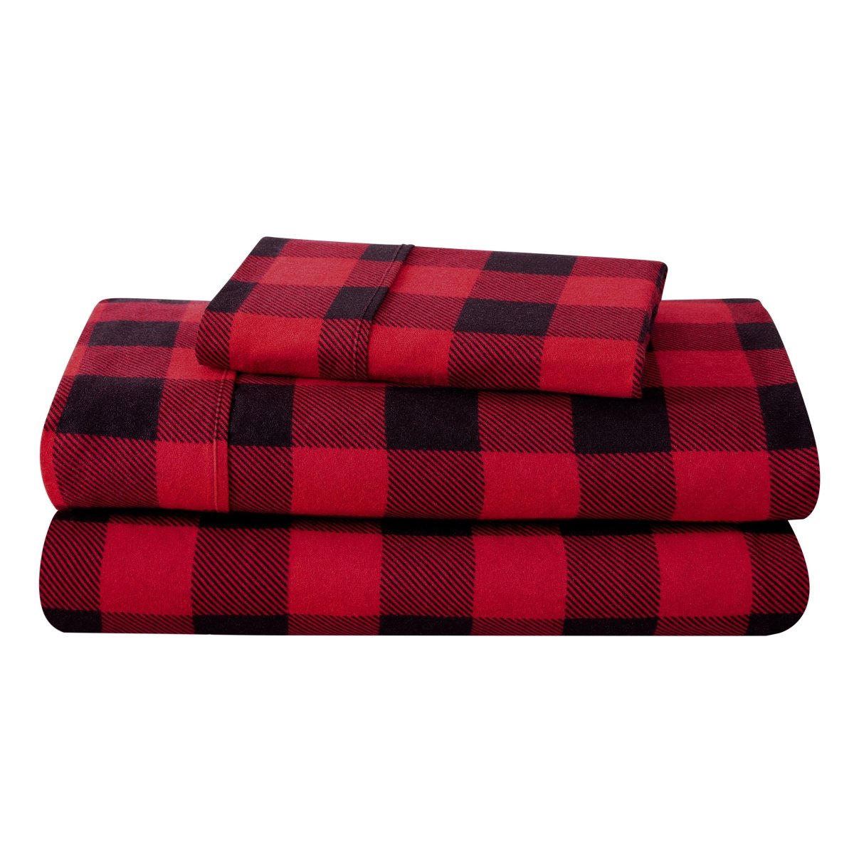 Flannel sheets and pillowcases folded and stacked