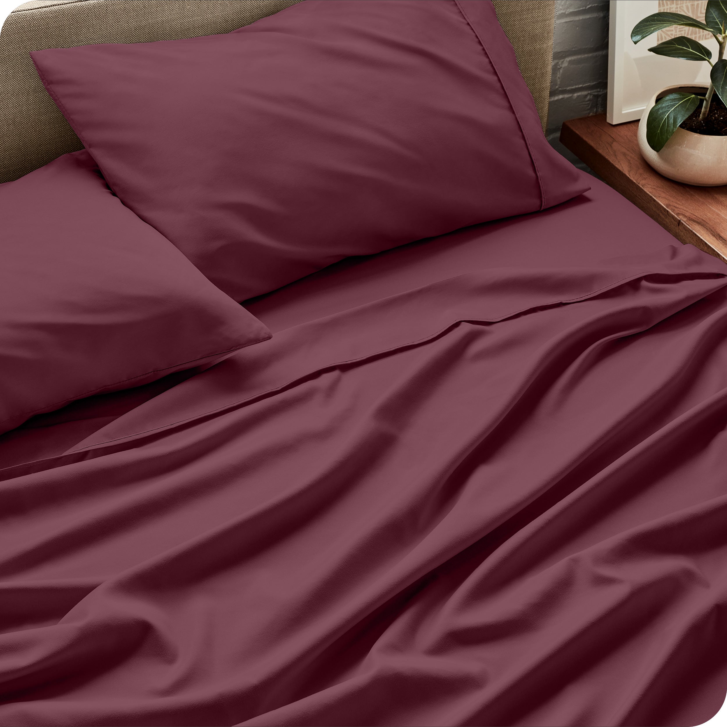 Sheet set on a bed with pillows and a plant in the background