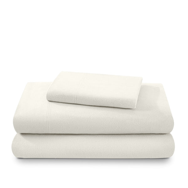 Flannel sheets and pillowcases folded and stacked