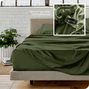 Close up of sewn in tag and matching sheets on a bed