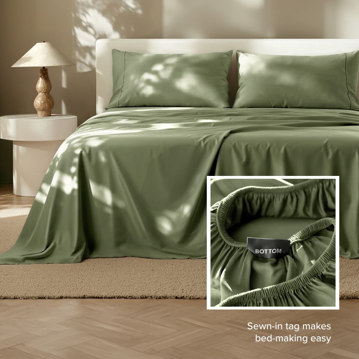 Sheets on a bed with a close-up of the fitted sheet showing a sewn-in tag.