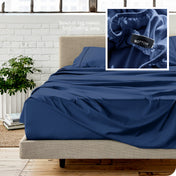 Close up of sewn in tag and matching sheets on a bed