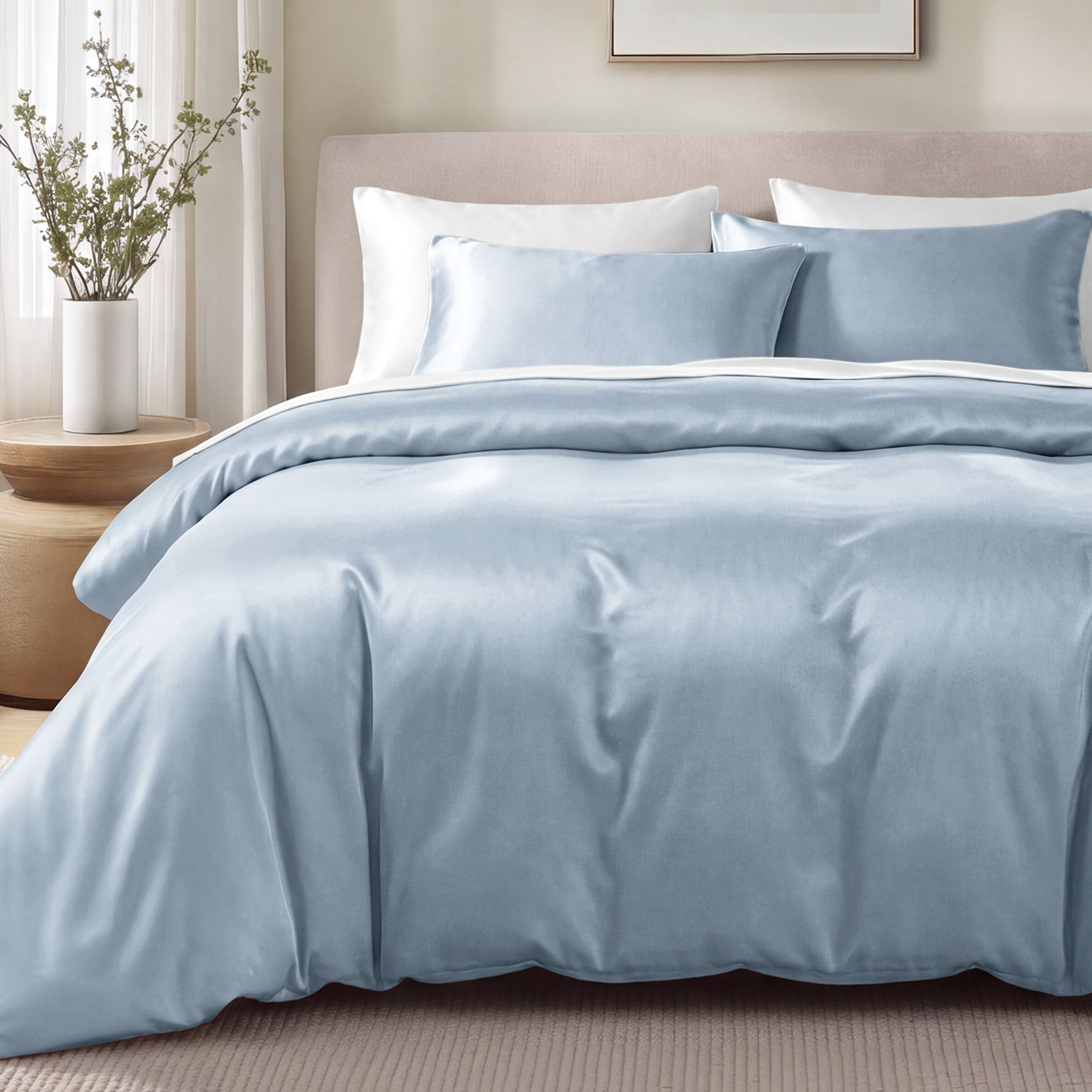 Bed with sateen bedding and pillows in a bedroom setting