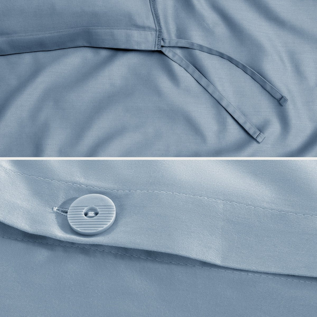 Close-up of a sateen duvet cover with a button and ties