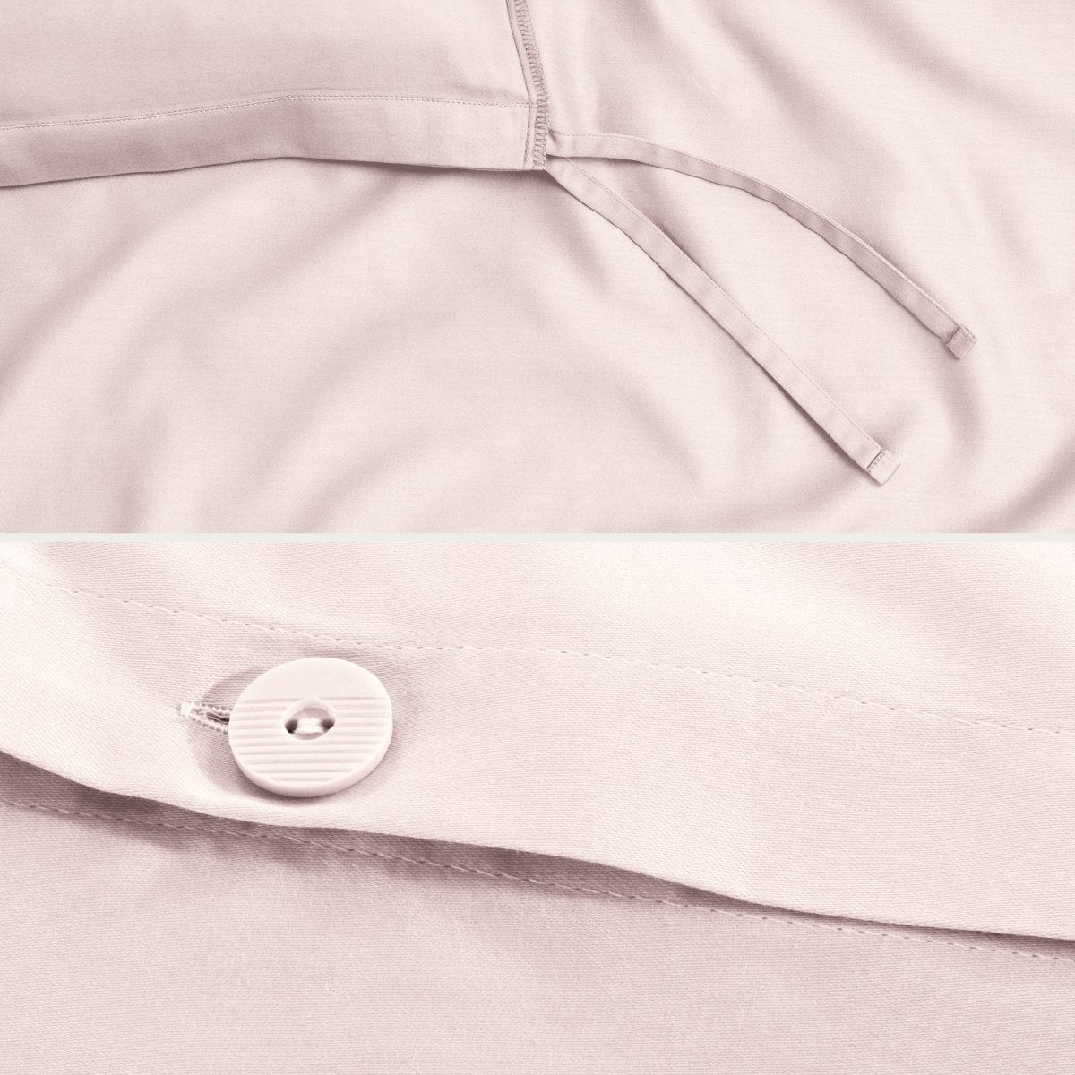 Close-up of a sateen duvet cover with a button and ties