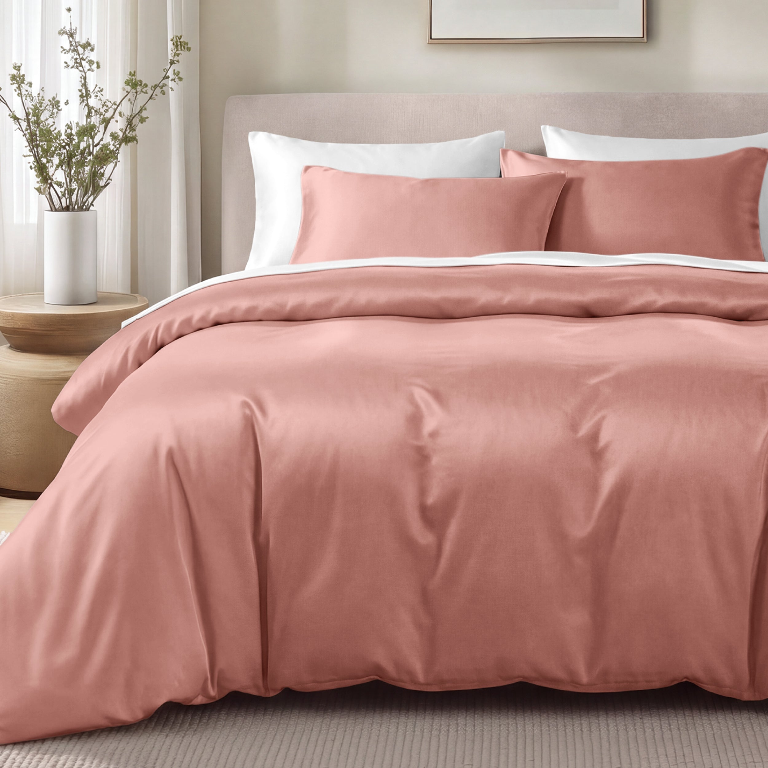 Bed with sateen bedding and pillows in a bedroom setting