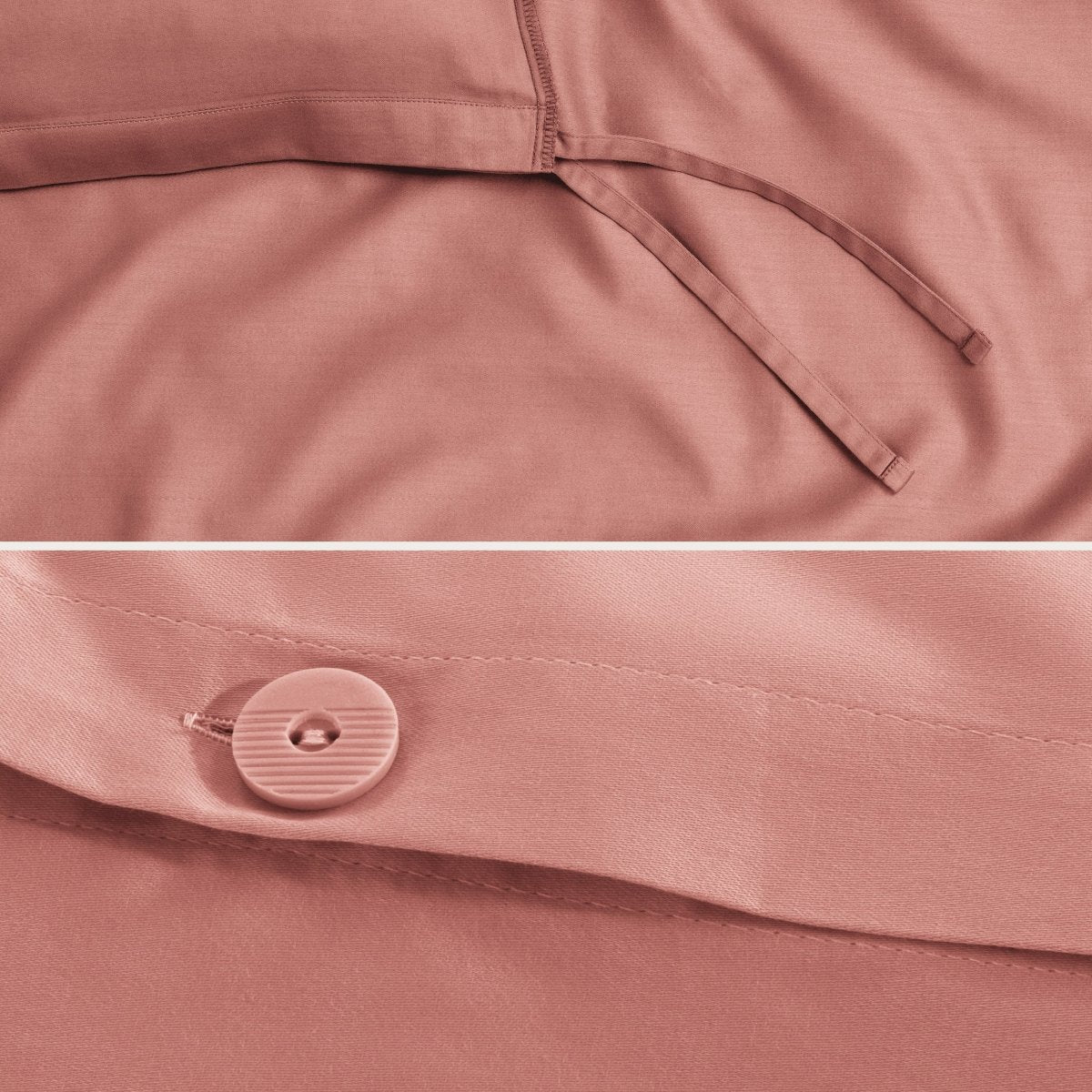 Close-up of a sateen duvet cover with a button and ties