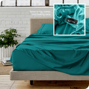 Close up of sewn in tag and matching sheets on a bed