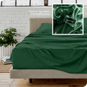 Close up of sewn in tag and matching sheets on a bed