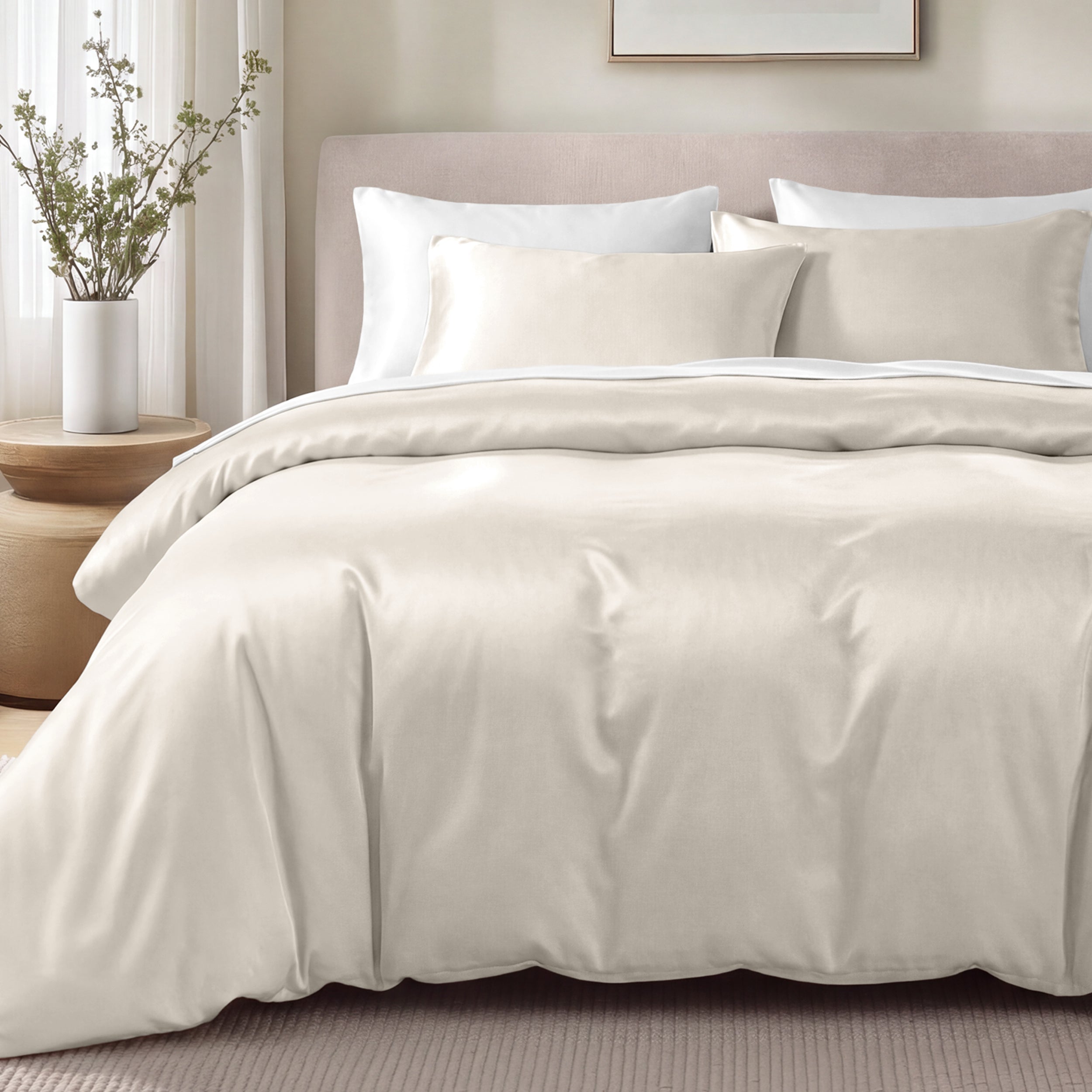Bed with sateen bedding and pillows in a bedroom setting