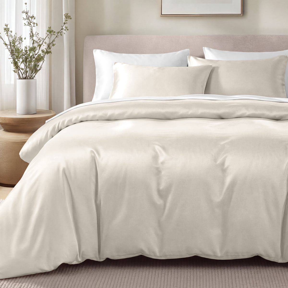 Bed with sateen bedding and pillows in a bedroom setting