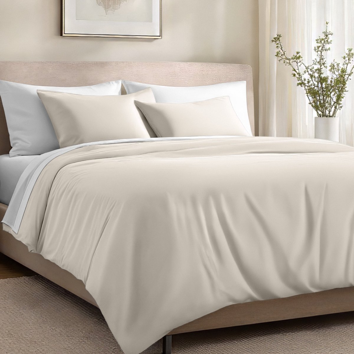 Bed with organic cotton sateen bedding in a bedroom setting.