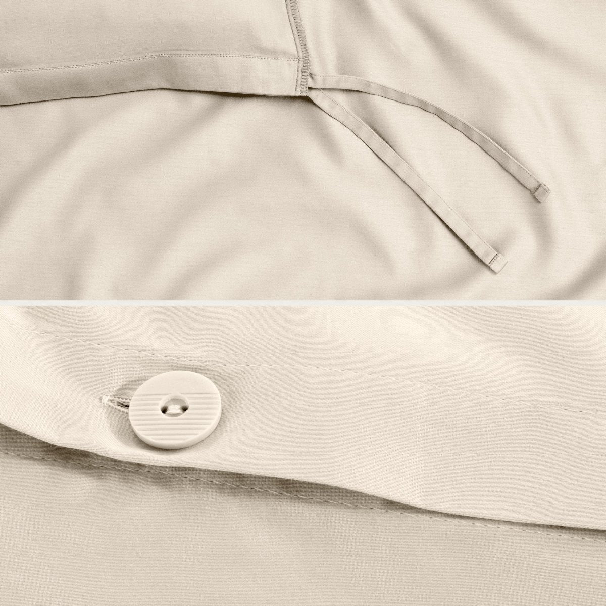 Close-up of a sateen duvet cover with a button and ties