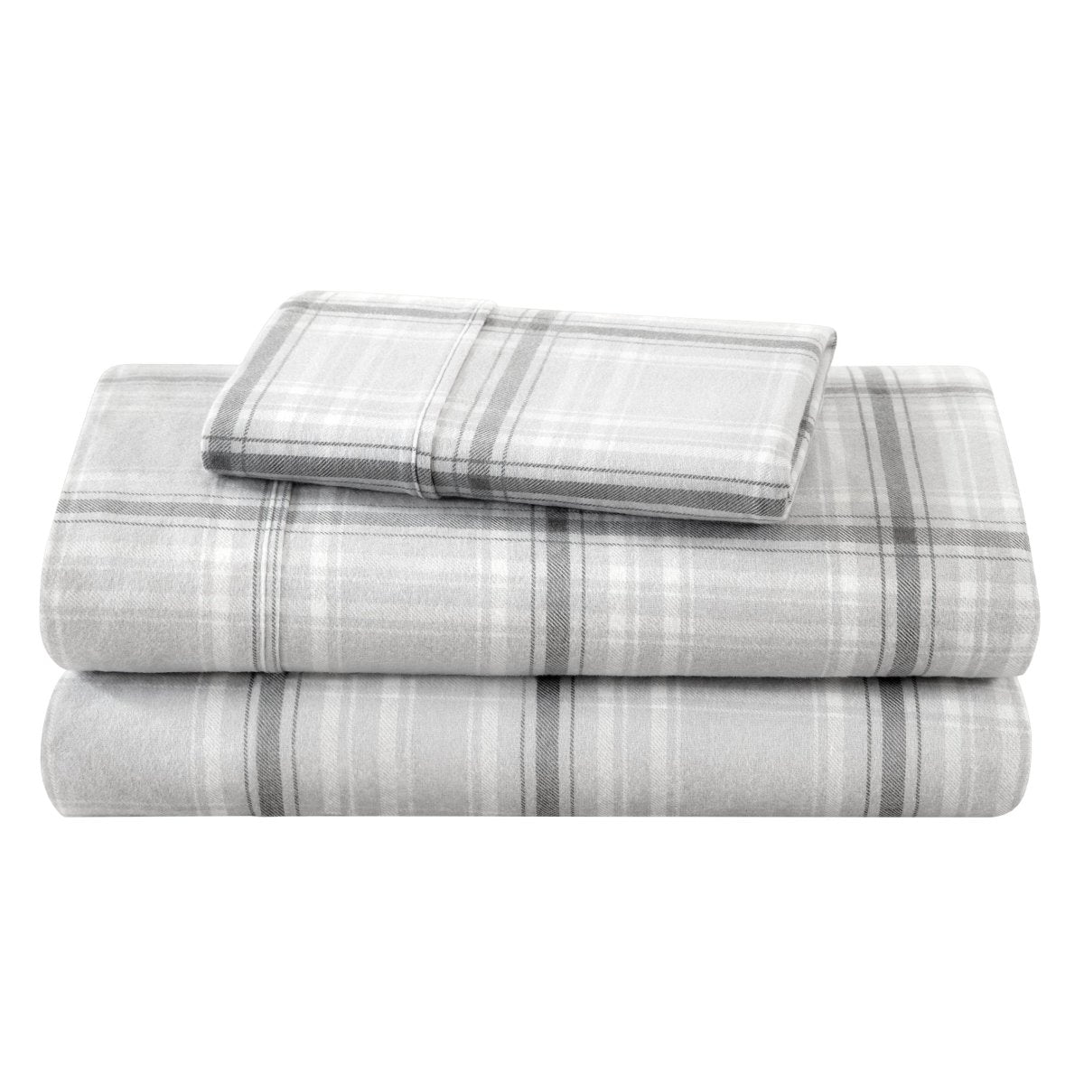 Flannel sheets and pillowcases folded and stacked