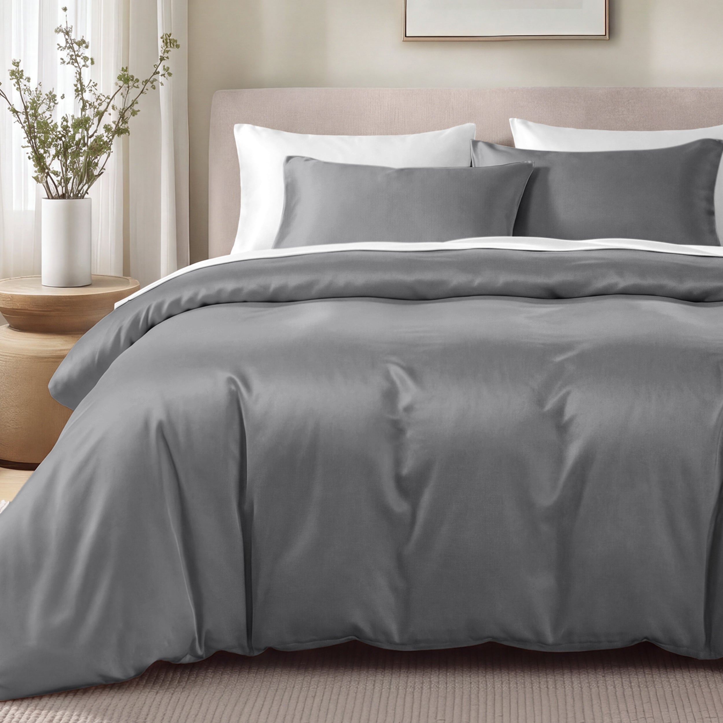 Bed with sateen bedding and pillows in a bedroom setting