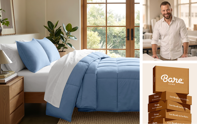 Montage of images showing  bed in a clean room with alight blue duvet cover, a image of Josh the Founder and a boxes of are Home Product