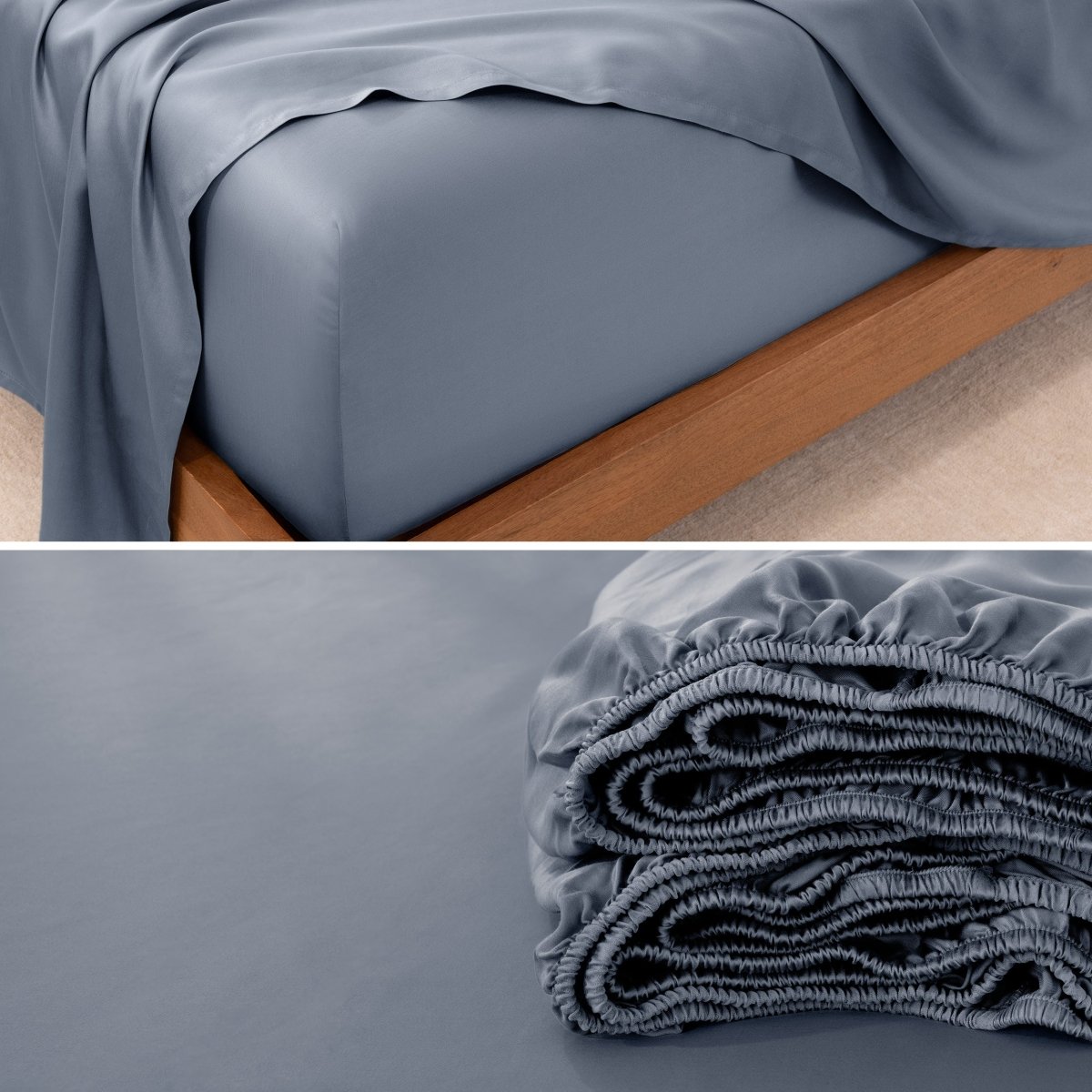 Fitted sheet on a bed and folded on a surface