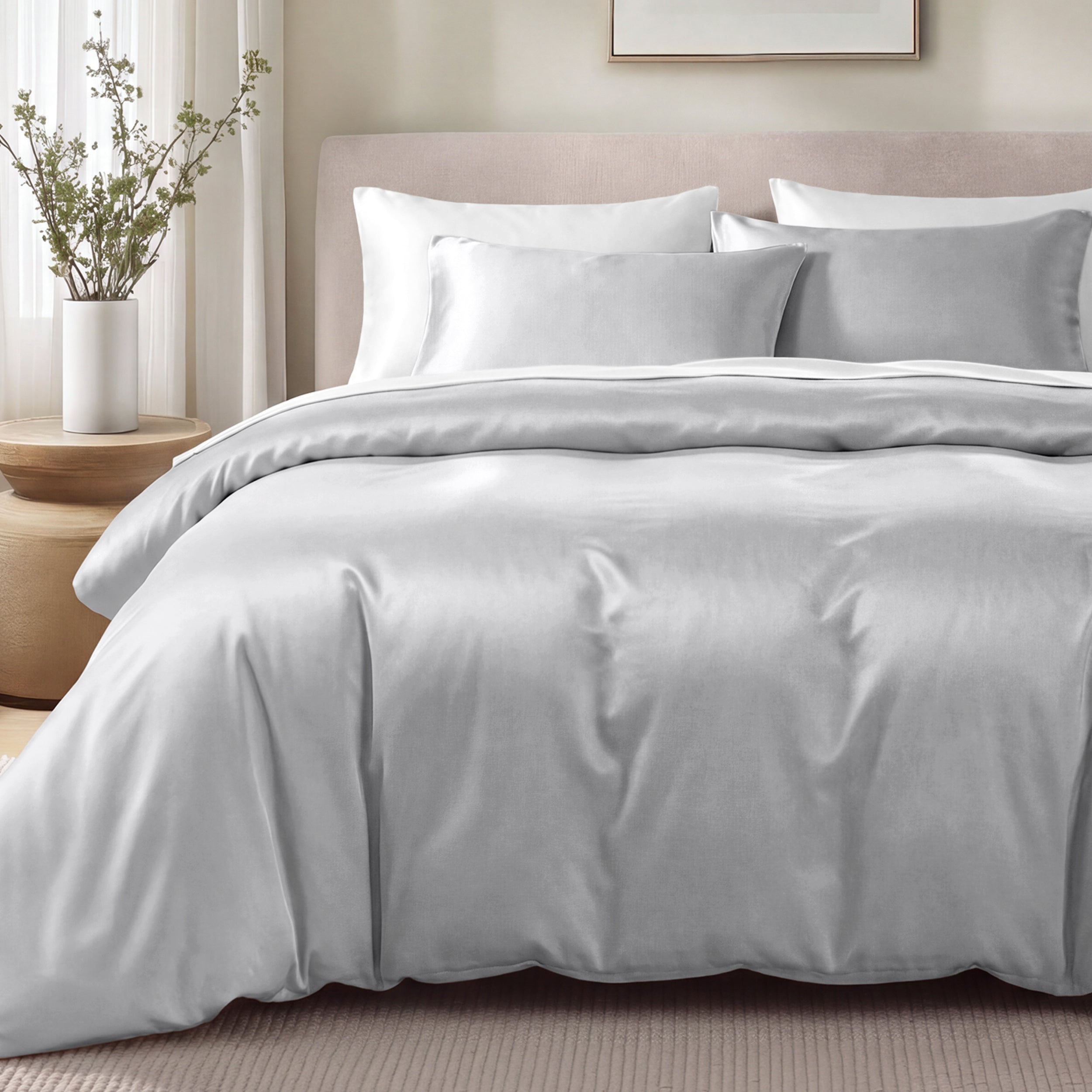 Bed with sateen bedding and pillows in a bedroom setting