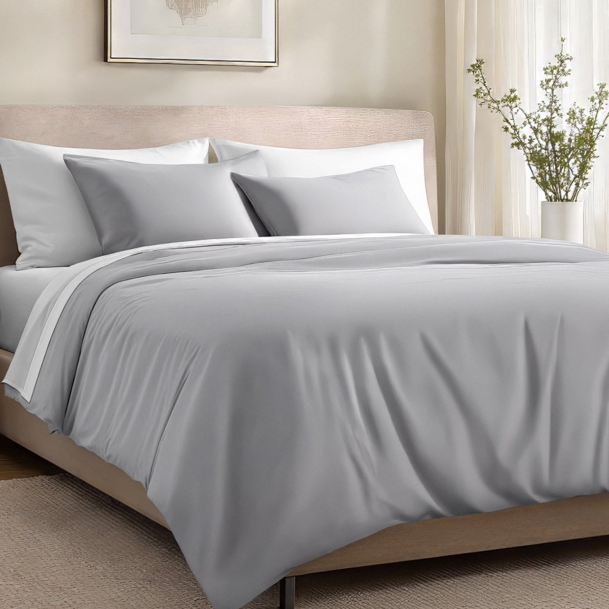 Bed with organic cotton sateen bedding in a bedroom setting.