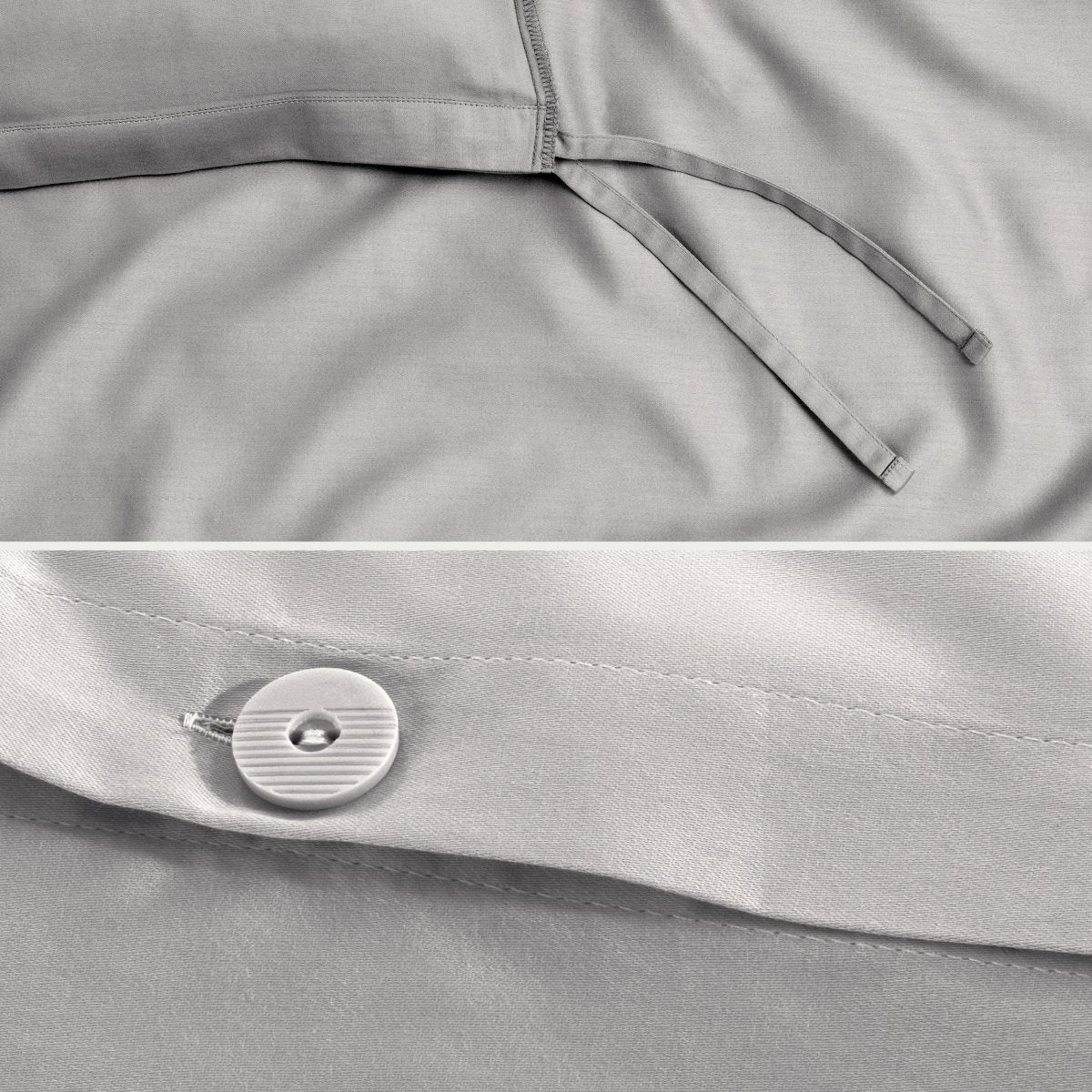 Close-up of a sateen duvet cover with a button and ties