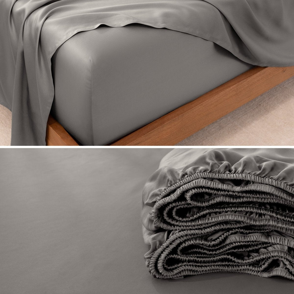 Fitted sheet on a bed and folded on a surface