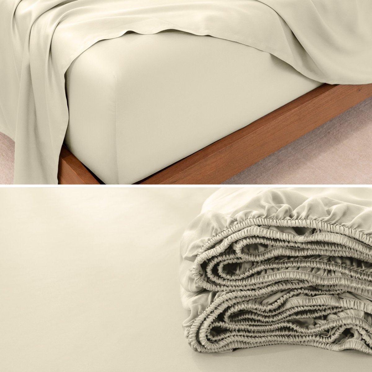 Fitted sheet on a bed and folded on a surface