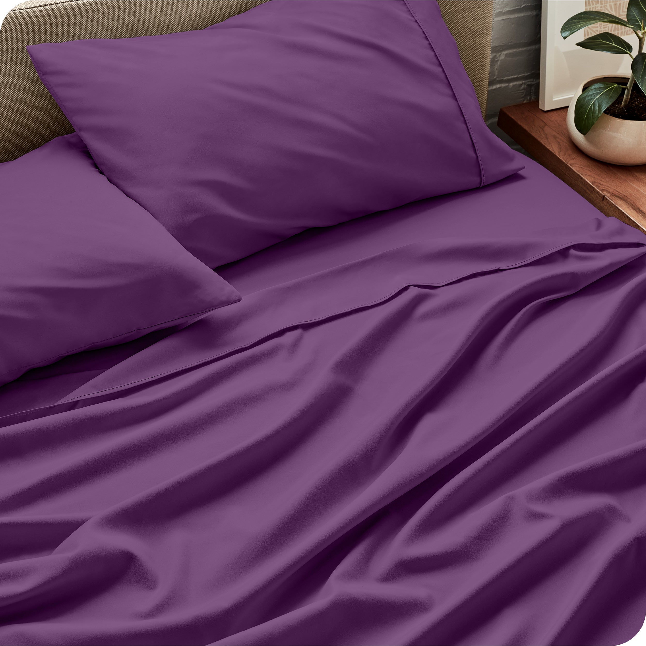 Sheet set on a bed with pillows and a plant in the background