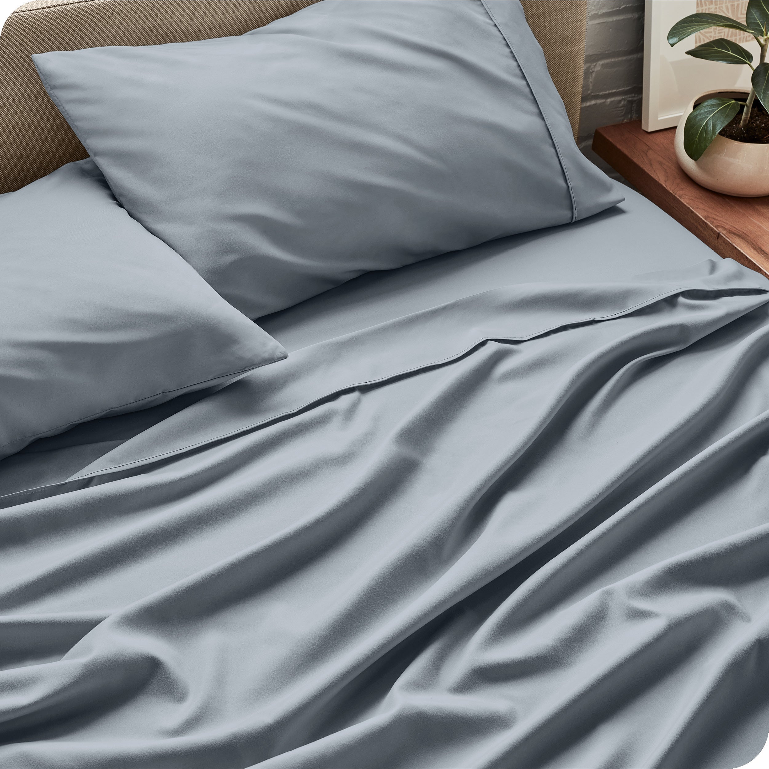 Sheet set on a bed with pillows and a plant in the background