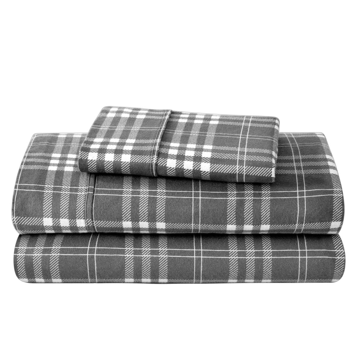 Flannel sheets and pillowcases folded and stacked