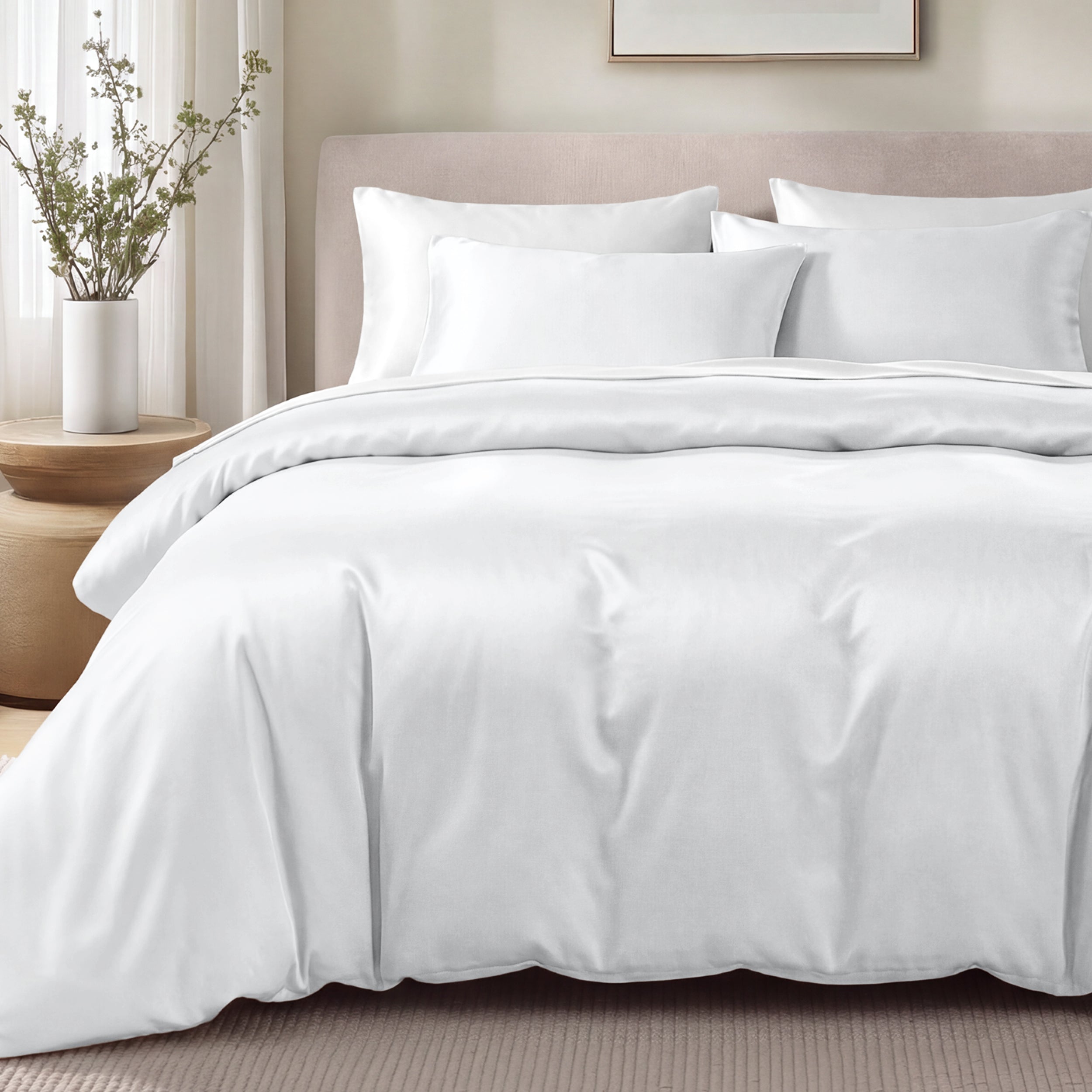 Bed with sateen bedding and pillows in a bedroom setting