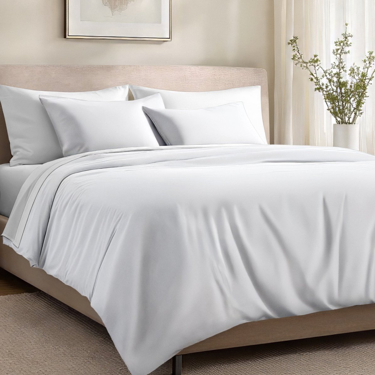 Bed with organic cotton sateen bedding in a bedroom setting.