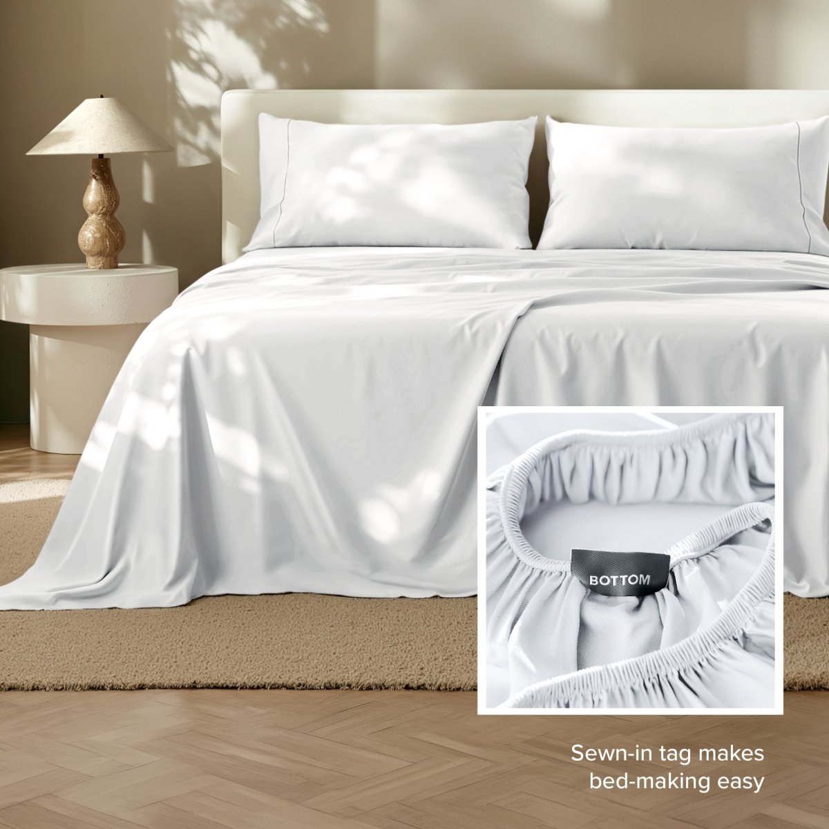 Sheets on a bed with a close-up of the fitted sheet showing a sewn-in tag.