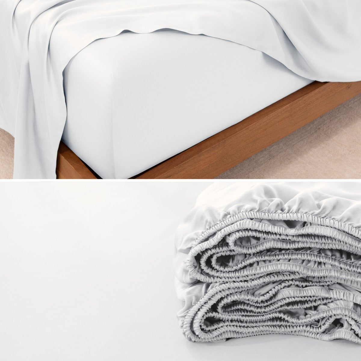 Fitted sheet on a bed and folded on a surface