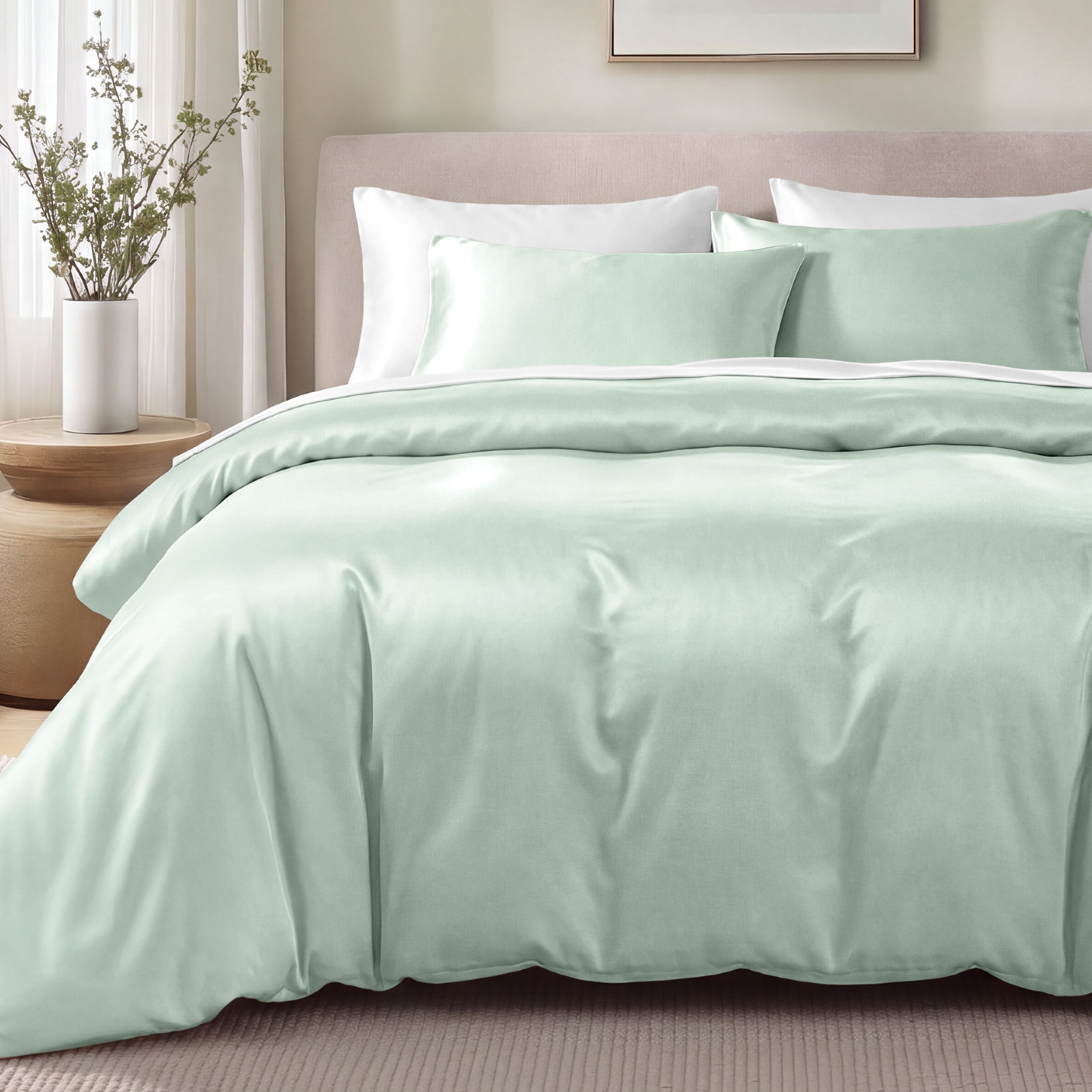 Bed with sateen bedding and pillows in a bedroom setting