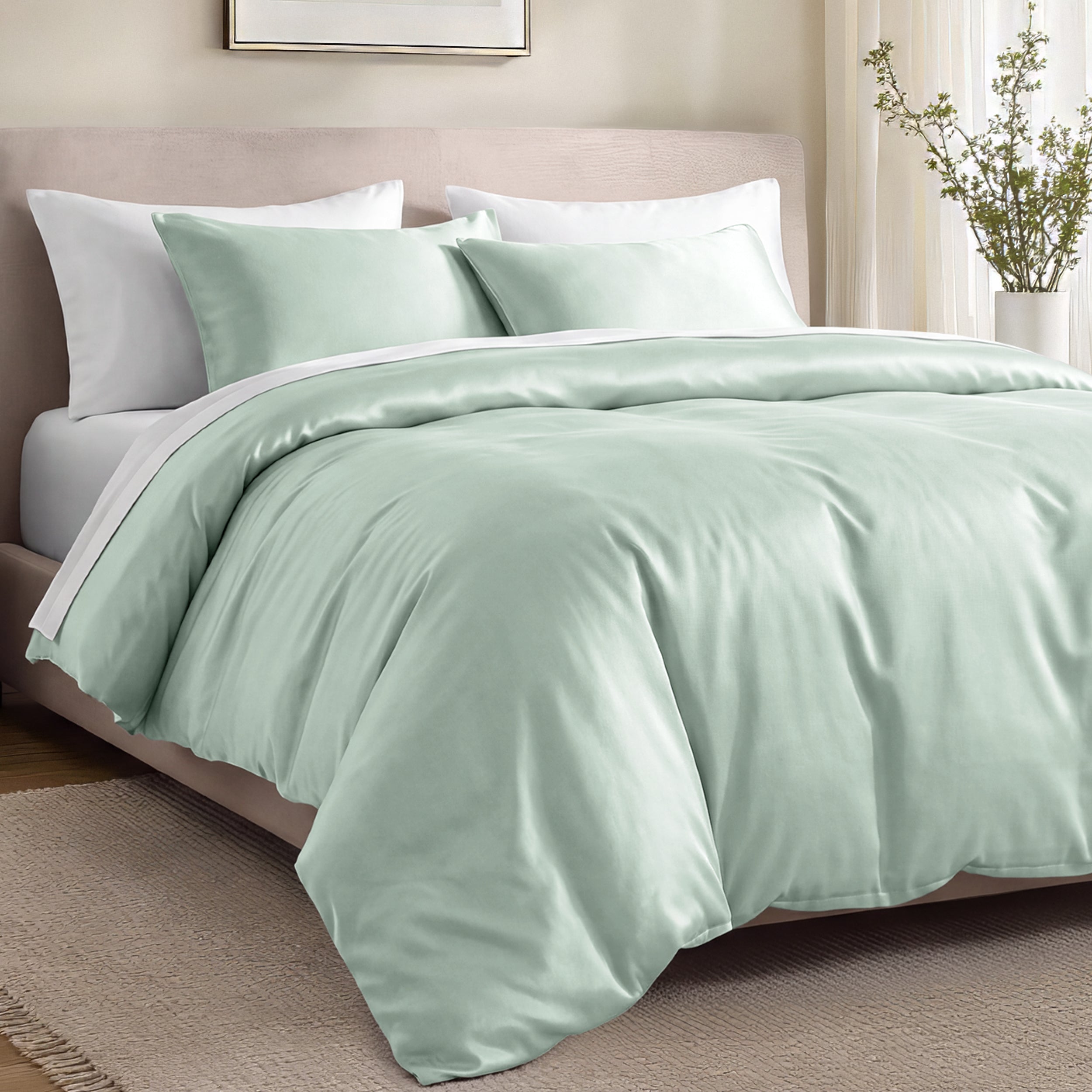 Bed with organic cotton sateen bedding in a bedroom setting.