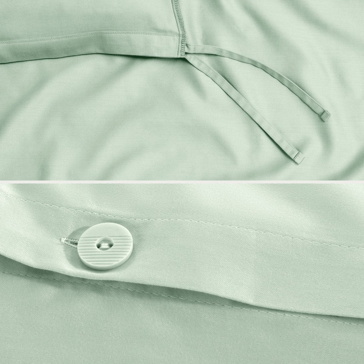 Close-up of a sateen duvet cover with a button and ties
