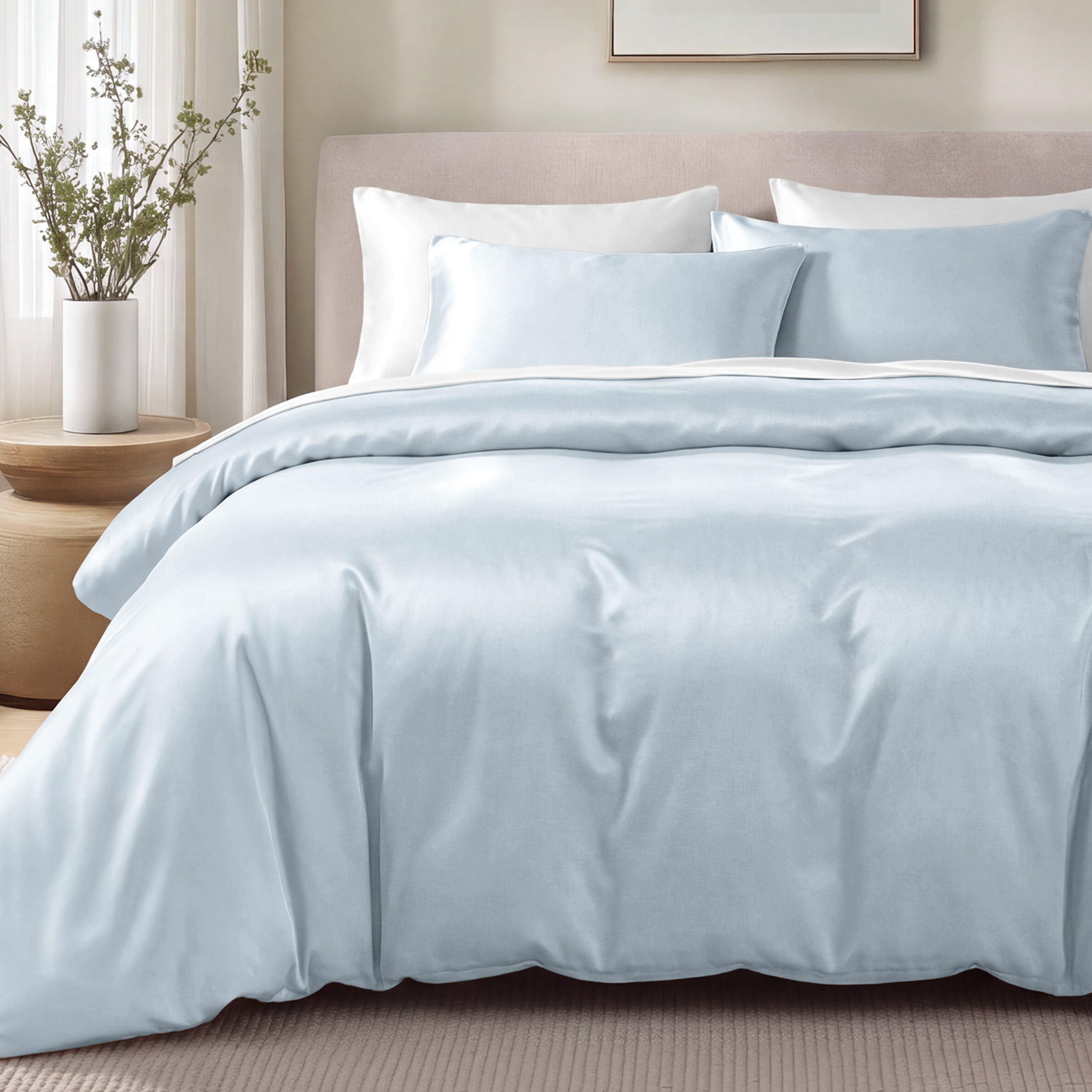 Bed with sateen bedding and pillows in a bedroom setting