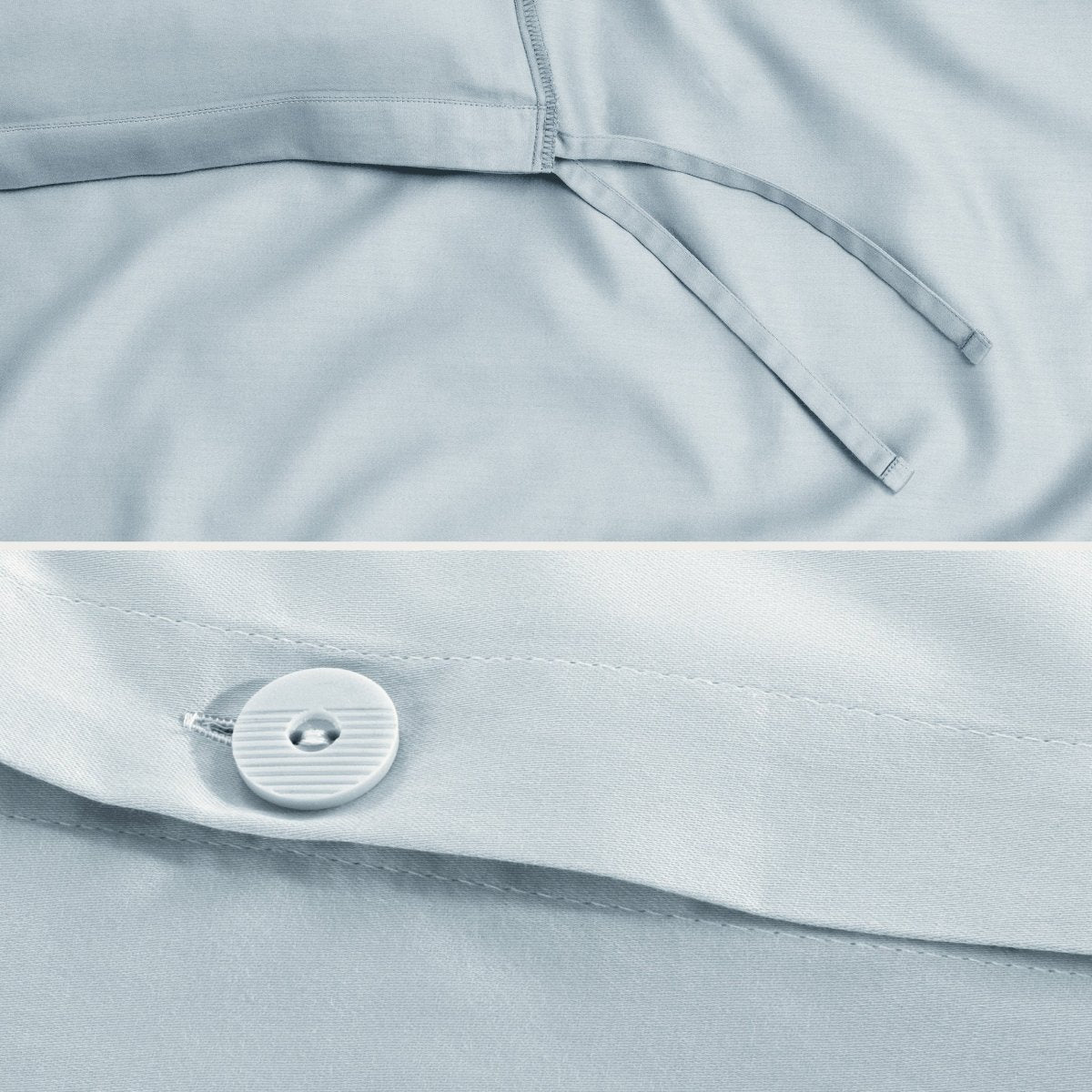 Close-up of a sateen duvet cover with a button and ties
